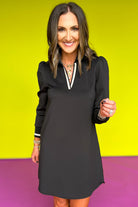 Black Striped Trim V Neck Collared Puff Sleeve Mini Dress Short Dresses 8d4a953532f57841