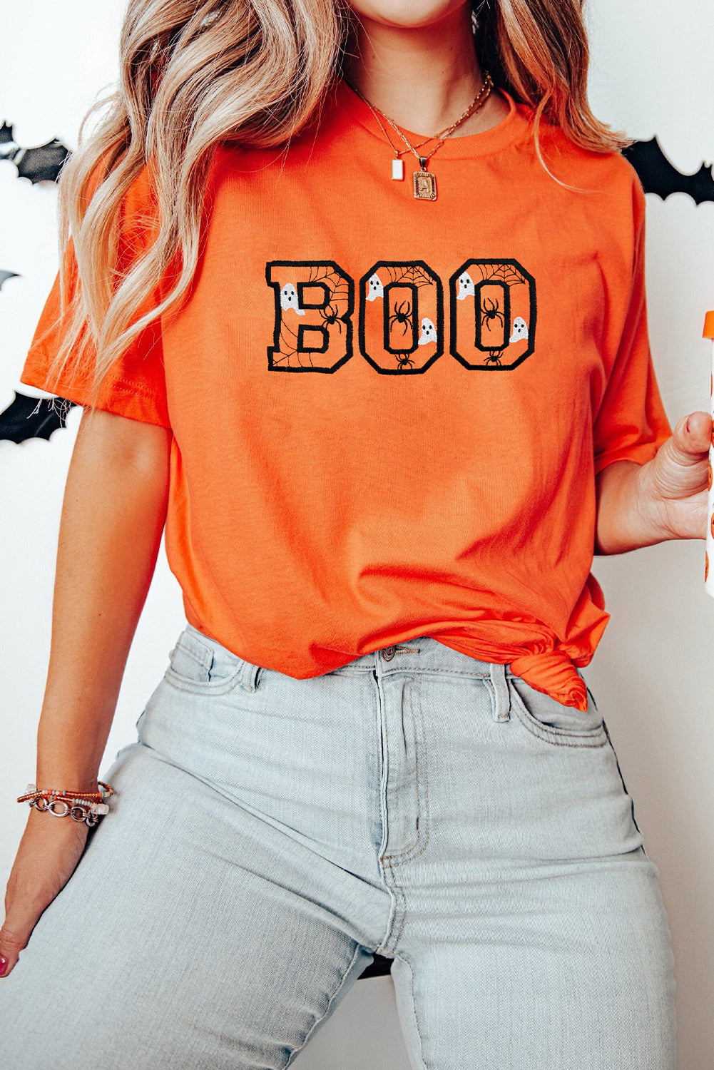Orange BOO Halloween Ghost Sipder Embroidered Graphic Tee Graphic Tees 8d4f627ebe007662