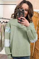 Laurel Green Floral Plaid Mixed Sleeve Raw Edge Relaxed French Terry Top Long Sleeve Tops 8d6bd3725904155e