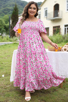 Pink Plus Size Floral Print Smocked Puff Sleeve Maxi Dress Plus Size Dresses 8d71284a2799308b