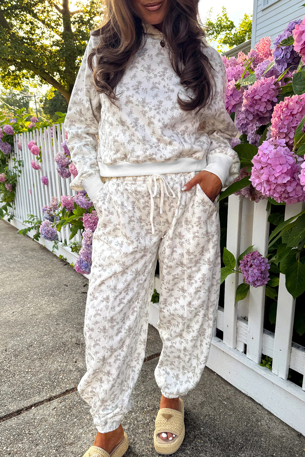 White Ditsy Floral Print Cozy Pullover Drawstring Pants Set Two Piece Pants Sets 8d8856ba2f03765f