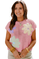 Pink Flower Patch Knit Round Neck Tee Knit Tops 8da99bcc6c82803a