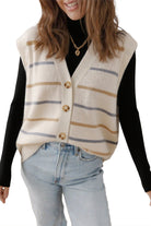 Multicolour Striped Print Button V Neck Knit Vest Cardigans 8daee393f905385a