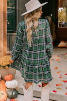 Green Plaid Print Frill Neck Long Sleeve Mini Dress Short Dresses 8dbe2e4fc7421dd1
