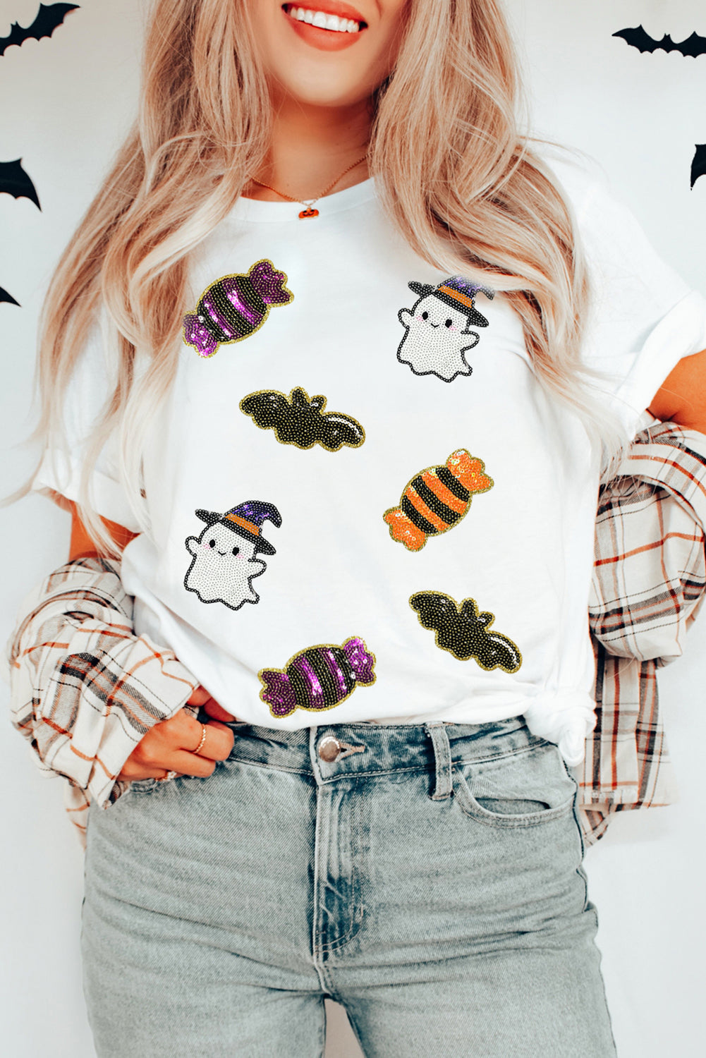 White Sequined Halloween Spirit Pattern Patched Custom Casual Tee Graphic Tees 8dea5228f92a4af2