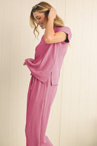 Bright Pink Solid Corded Short Sleeve T Shirt and Wide Leg Pants Set Two Piece Pants Sets 8df9489d52c6e53f