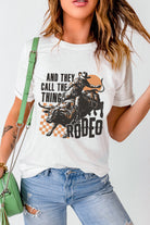 White AND THEY CALL THE THING RODEO Heat Transfer Printing Graphic Crewneck Tee Graphic Tees 8e2773b12c5aa0b2