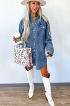 Blue Chest Pocket Raw Hem Denim Loose Shirt Dress Short Dresses 8e518cf1edc2de25