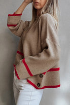 Simply Taupe Ribbed Knit Contrasted Stripe Detail Button Side Loose Sweater Sweaters 8e76b9ee5479dca5