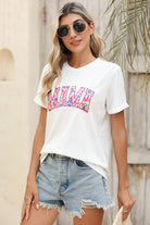 White MAMA Leopard Embroidered Crew Neck Graphic Tee Graphic Tees 8e87660efe2dd9fb