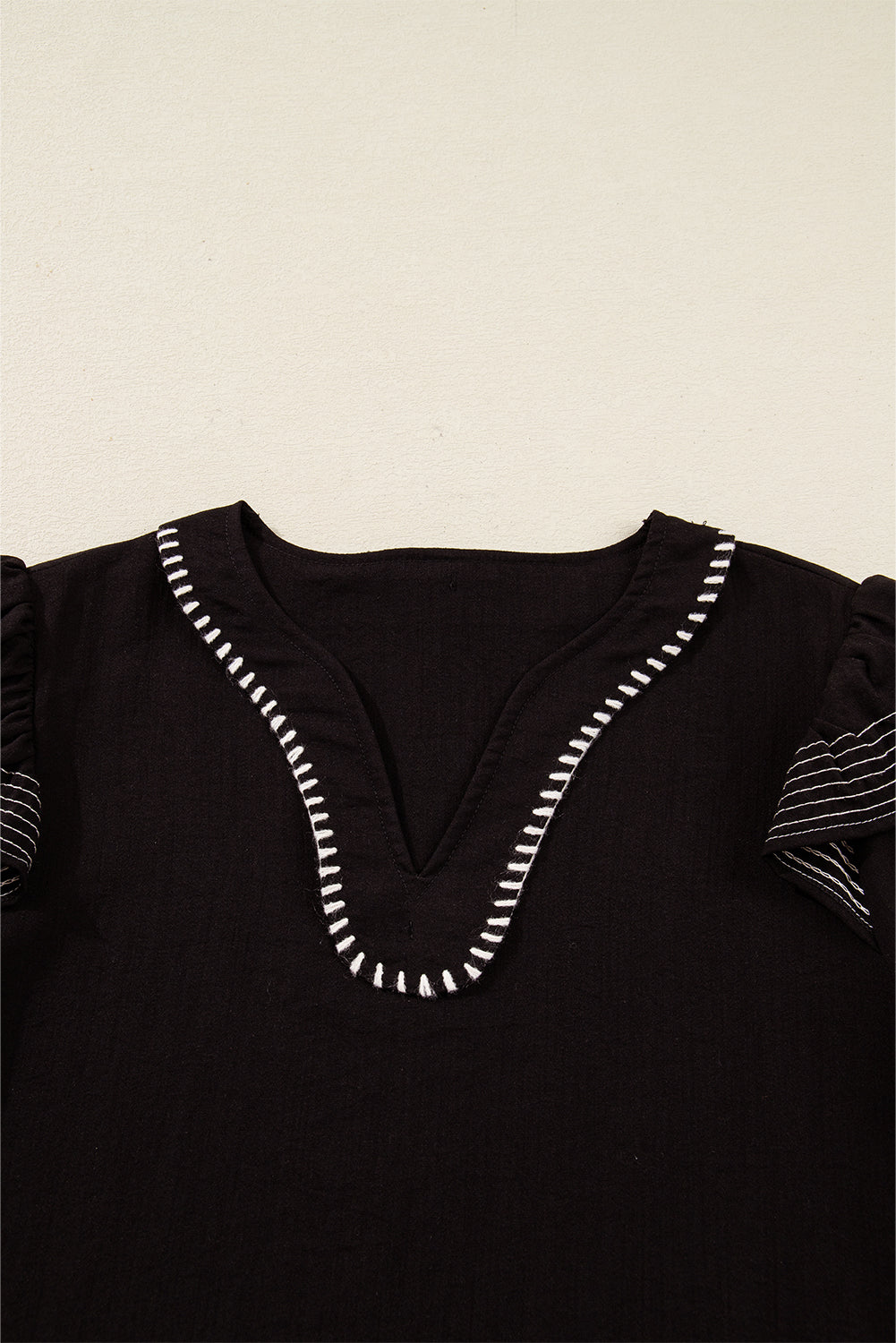 Black Contrast Stitched Detail V Neck Ruffle Long Sleeve Blouse Blouses 8eb2665120a53bcb