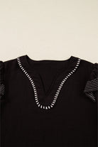 Black Contrast Stitched Detail V Neck Ruffle Long Sleeve Blouse Blouses 8eb2665120a53bcb