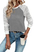 Black Stripe Textured Knit Patchwork Hollowed Lace Sleeve Top Long Sleeve Tops 8f11e686d0404149