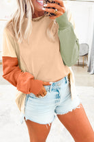 Beige Colorblock Patchwork Split Hem Casual Sweatshirt Sweatshirts & Hoodies 8f164e4adcff6d76