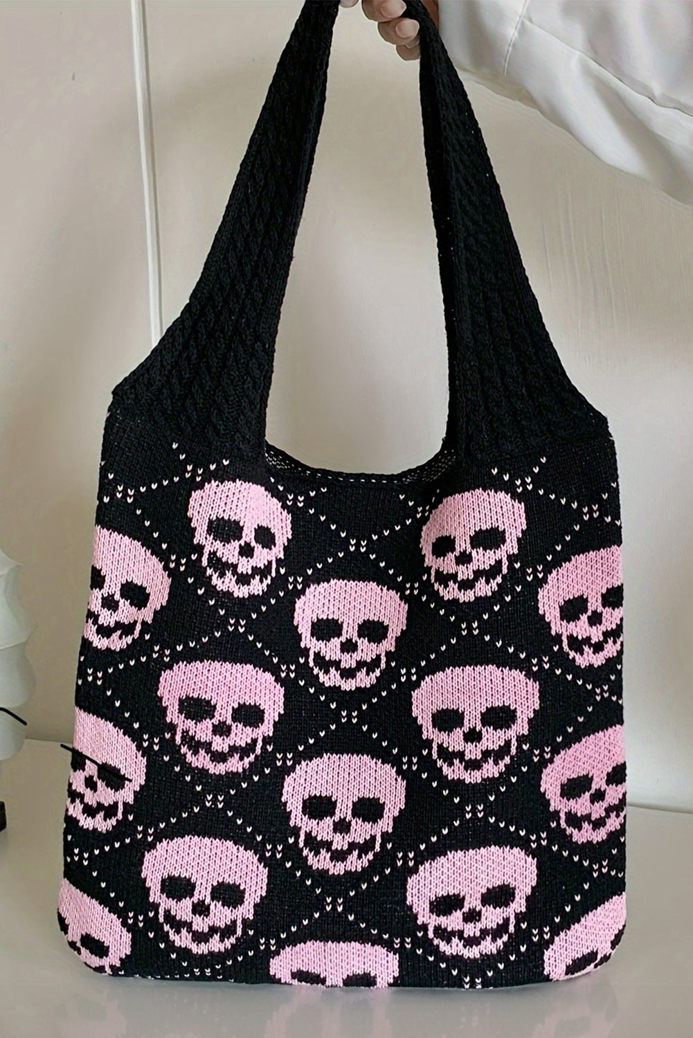 Black Plaid Skull Knit Tote Bag Tote Bags 8f1ec853b8018e7c