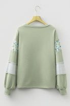 Laurel Green Floral Plaid Mixed Sleeve Raw Edge Relaxed French Terry Top Long Sleeve Tops 8f24eb01a78e114d