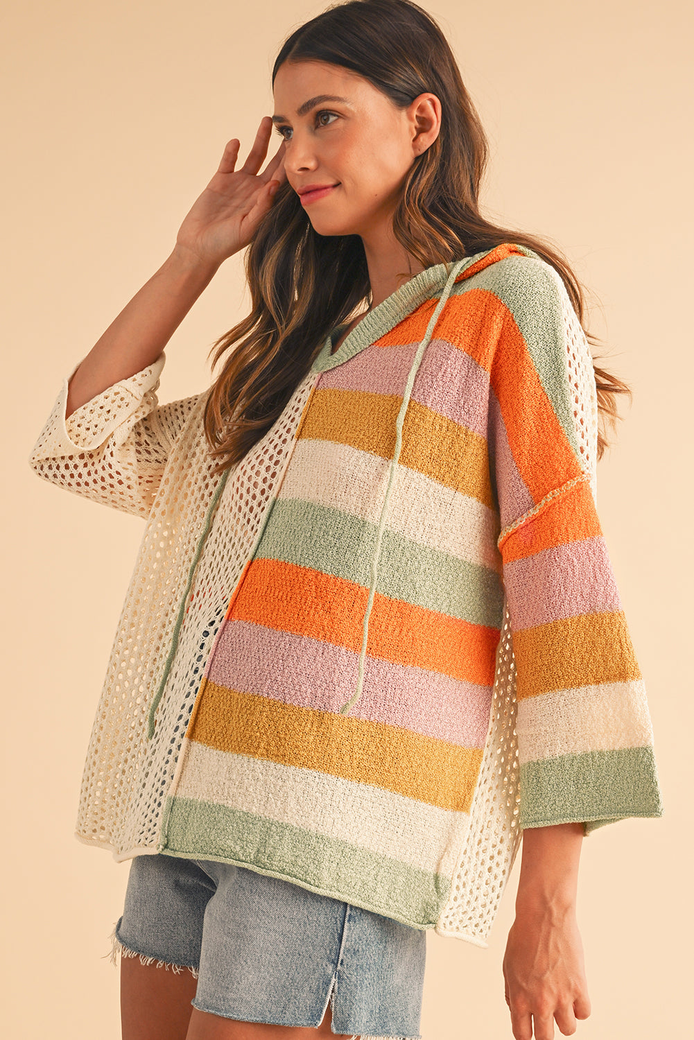 Beige Oversized Colorblock V Neck Hooded Sweater Sweaters 8f50fb37401a009d