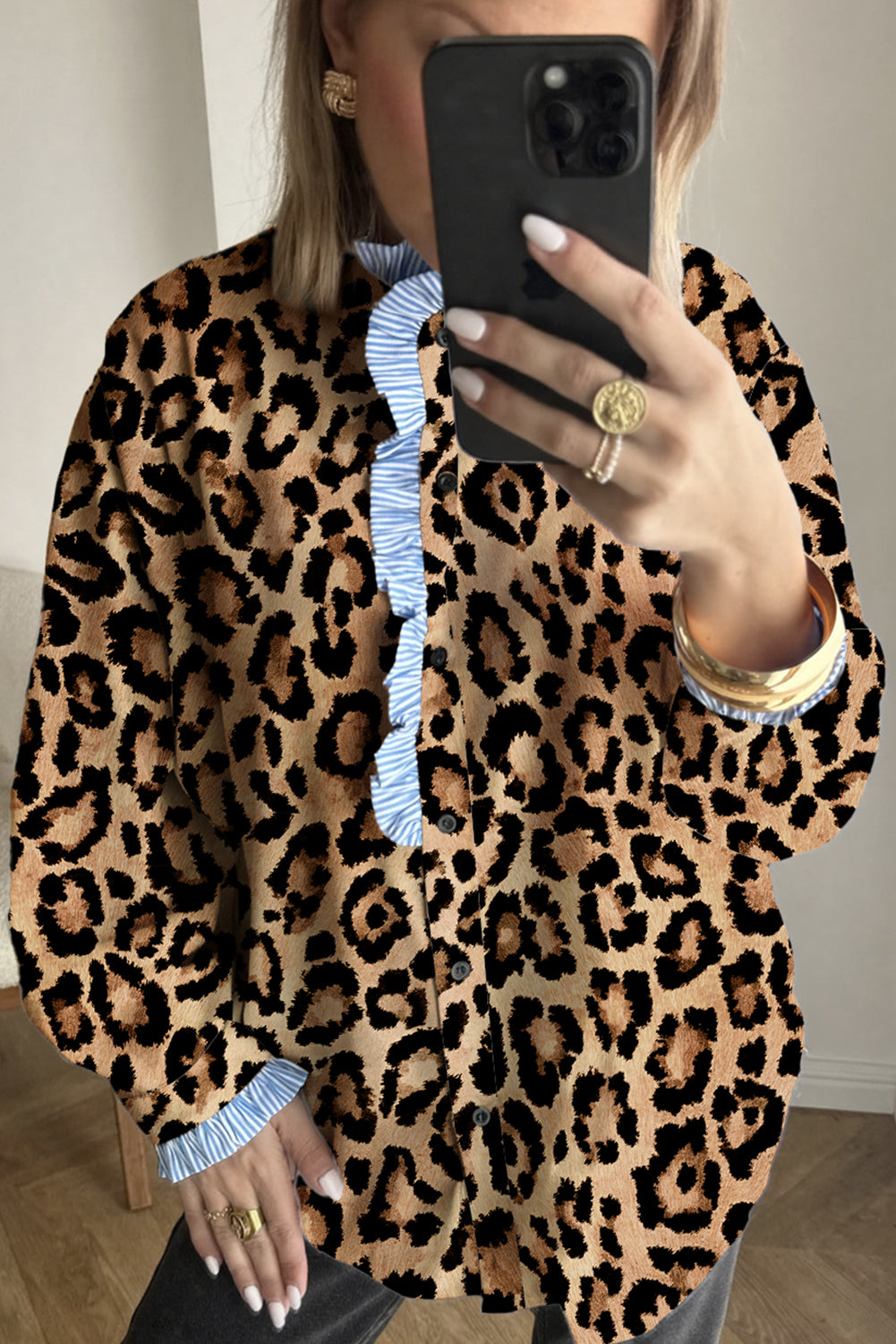 Brown Leopard Print Striped Frill Neck Button Long Sleeve Shirt Blouses 8f71c652f394462d