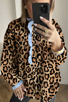 Brown Leopard Print Striped Frill Neck Button Long Sleeve Shirt Blouses 8f71c652f394462d