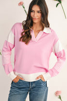 Sky Blue Striped V Neck Collared Colorblock Patchwork Sweater Sweaters 8f8932c05eb1c28f