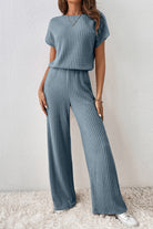 Black Ribbed Keyhole Short Sleeve Wide Leg Jumpsuit Jumpsuits 8f8ee777b8628628