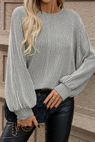 Gray Ribbed Knit Round Neck Long Lantern Sleeve Top Long Sleeve Tops 8f8faf407377f4e2