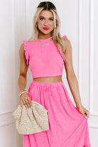 Bonbon Textured Ruffle Trim Crop Top and Drawstring Skirt Set Two Piece Skirt Sets 8f930c911fe00b5d