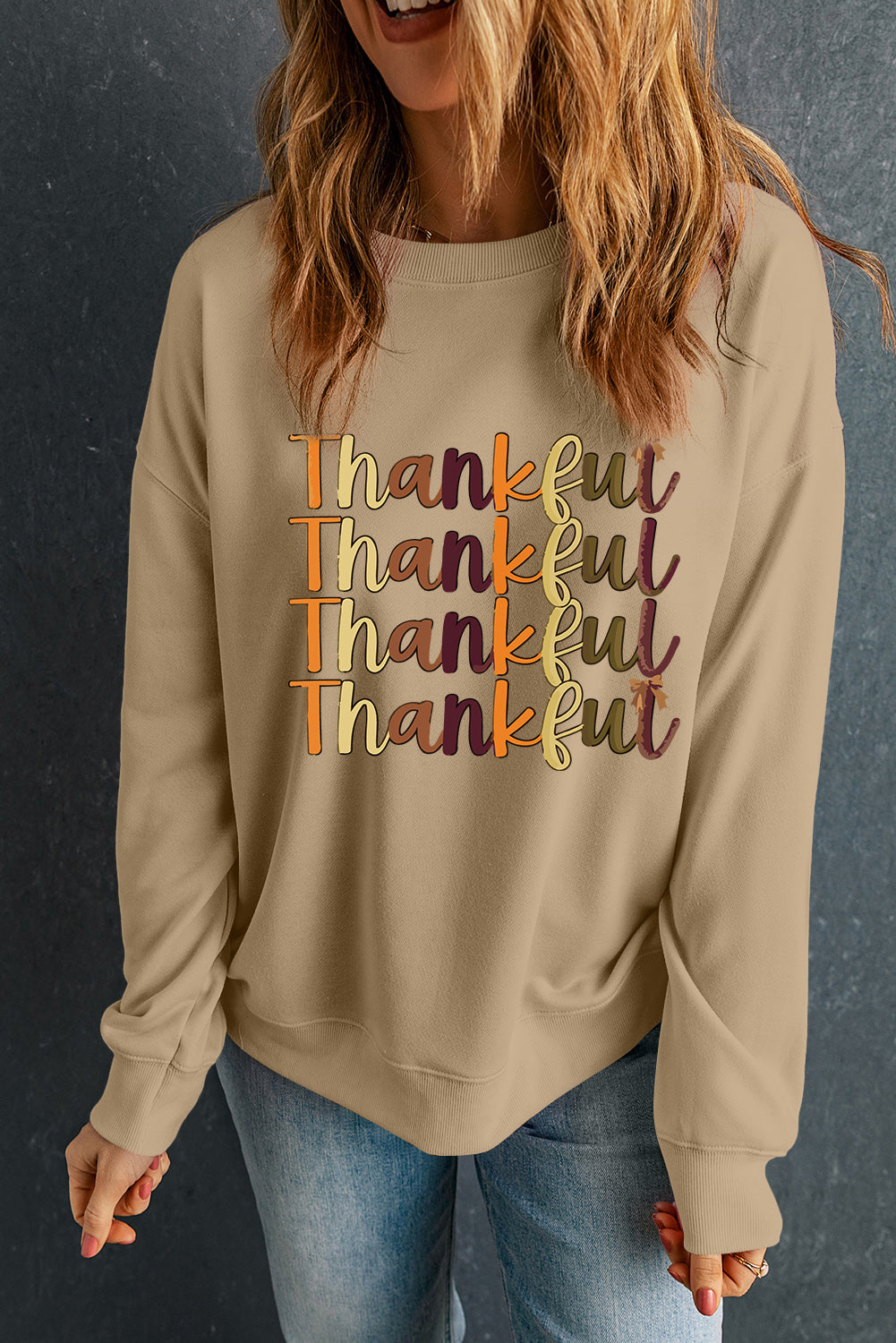 Khaki Thankful Letter Heat Transfer Printing Drop Shoulder Casual Sweatshirt Graphic Tees 8f9f437fdb0edef6