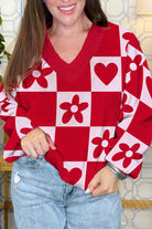 Fiery Red Floral Heart Pattern Plaid V Neck Sweater Sweaters 8fce5e2bda043e64