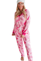 Pink Christmas Tree Print V Neck Buttoned Pullover and Pants Pajama Set Loungewear Set 8ff2ab3b5fffbe3e