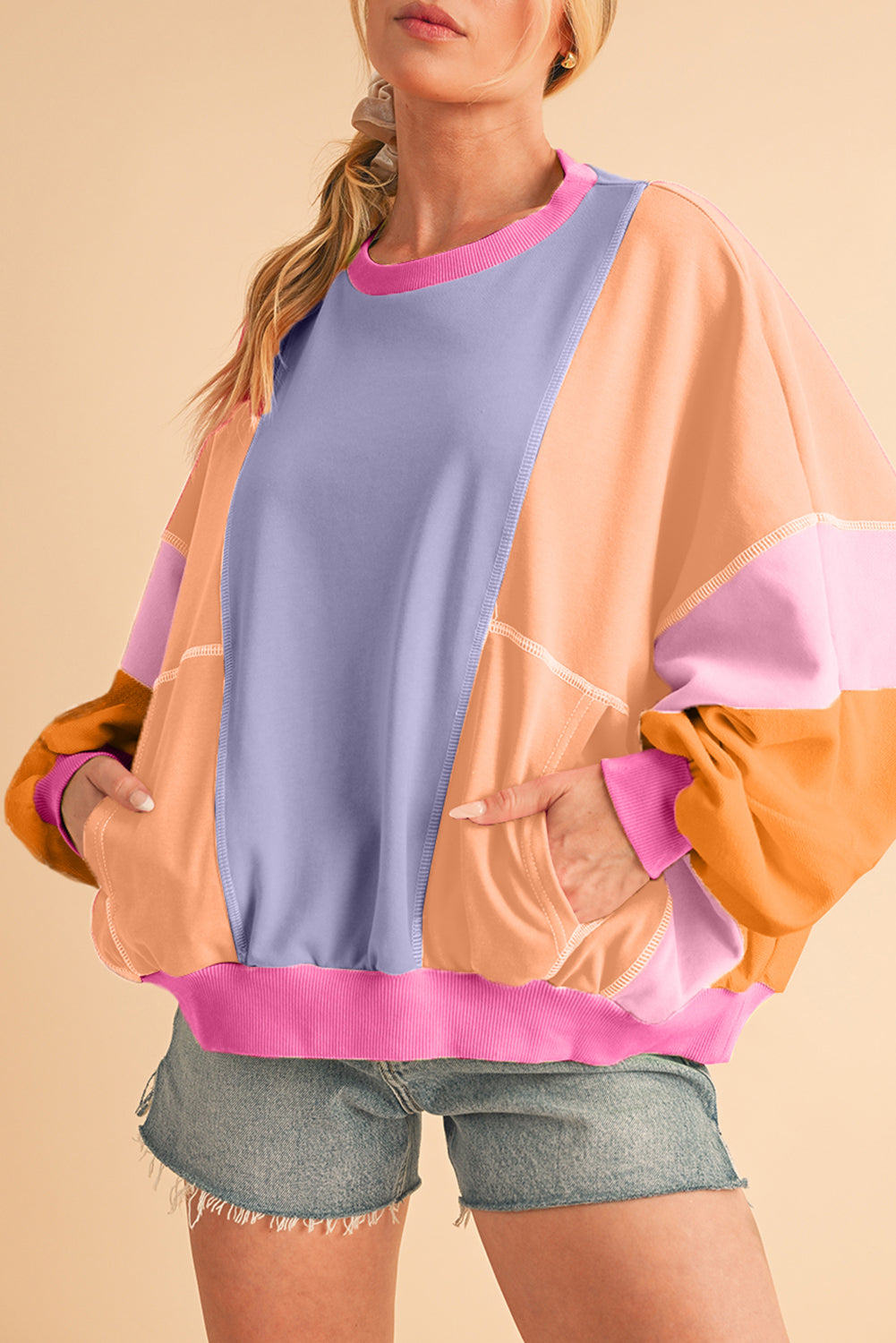 Orchid Petal Colorblock Patchwork Drop Shoulder Top Long Sleeve Tops 8ff8d44e5b1433d4
