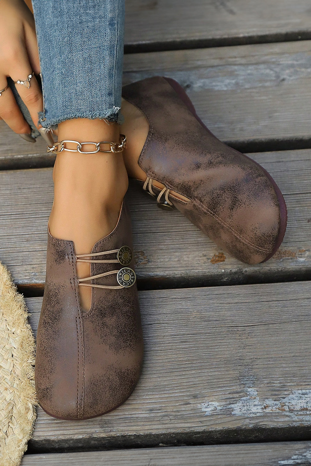 Coffee Button Detail Vintage Faux Leather Loafer Shoes Shoes 90191b9801f1899b