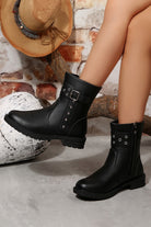 Black Studded Buckle Decor Side Zip Faux Leather Boots Boots 90410ac62c9d2f5e