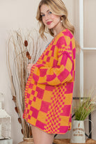 Orchid Petal Colorblock Checked Open Front Knitted Cardigan Cardigans 907365b5ea84dc09