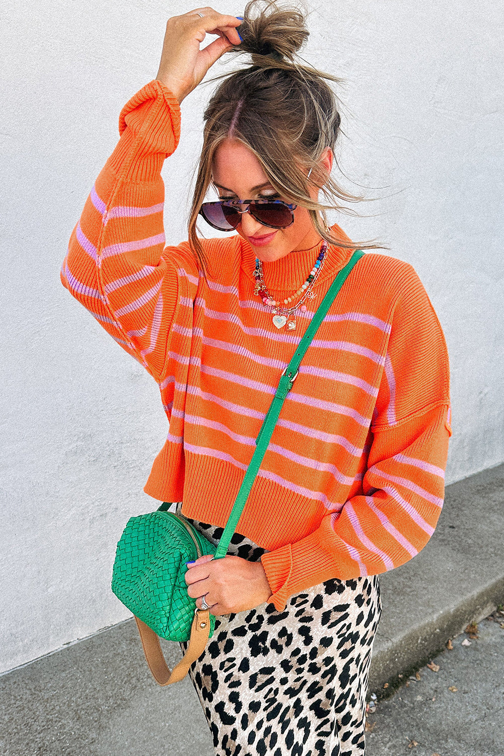 Orange Stripe Ribbed High Neck Drop Shoulder Boxy Fit Sweater Sweaters 907bf2b230ffc2c1