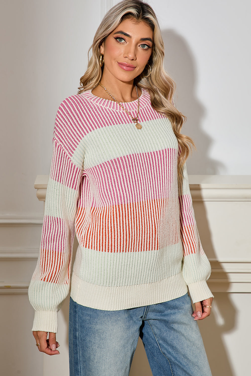 Pink Colorblock Lantern Sleeve Rib Knitted Sweater Sweaters 90974cd1a8f662bf