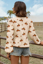 Apricot Rodeo Print Tied Front Puff Sleeve Peplum Top Blouses 90ae79cce50ca0af
