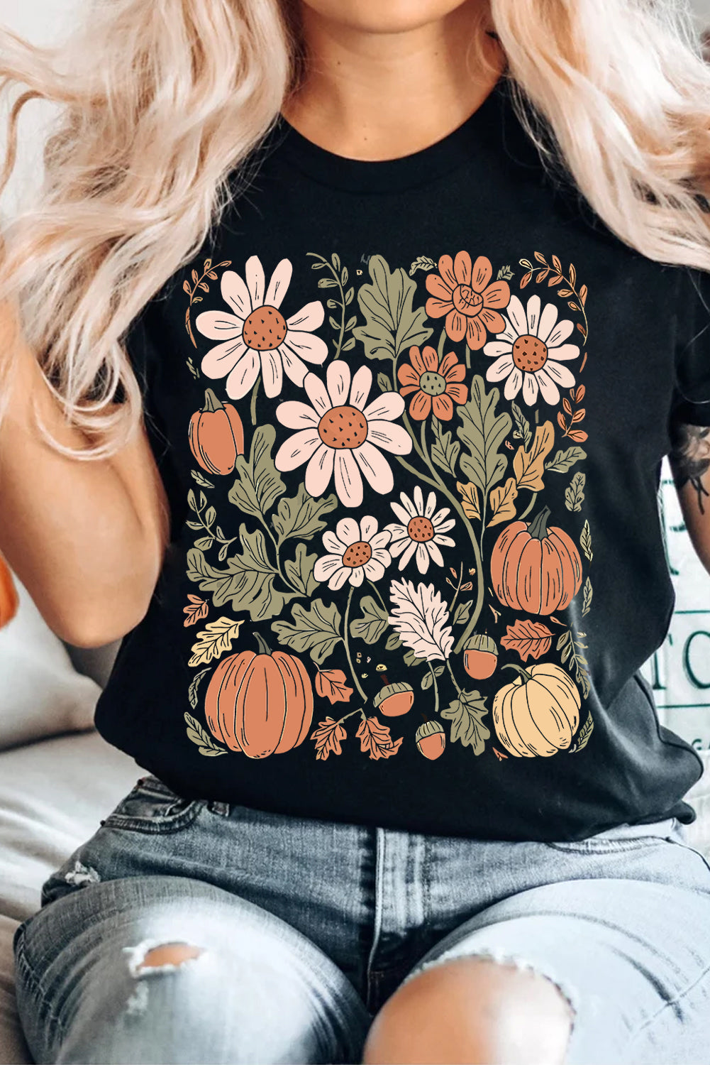 Black Wild Flower Pumpkin Heat Transfer Printing T Shirt Graphic Tees 90bd84cc1c3028ce