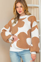 Khaki 60s Floral Pattern Ribbed Trim Pullover Sweater Sweaters 90c02dab18e433c9