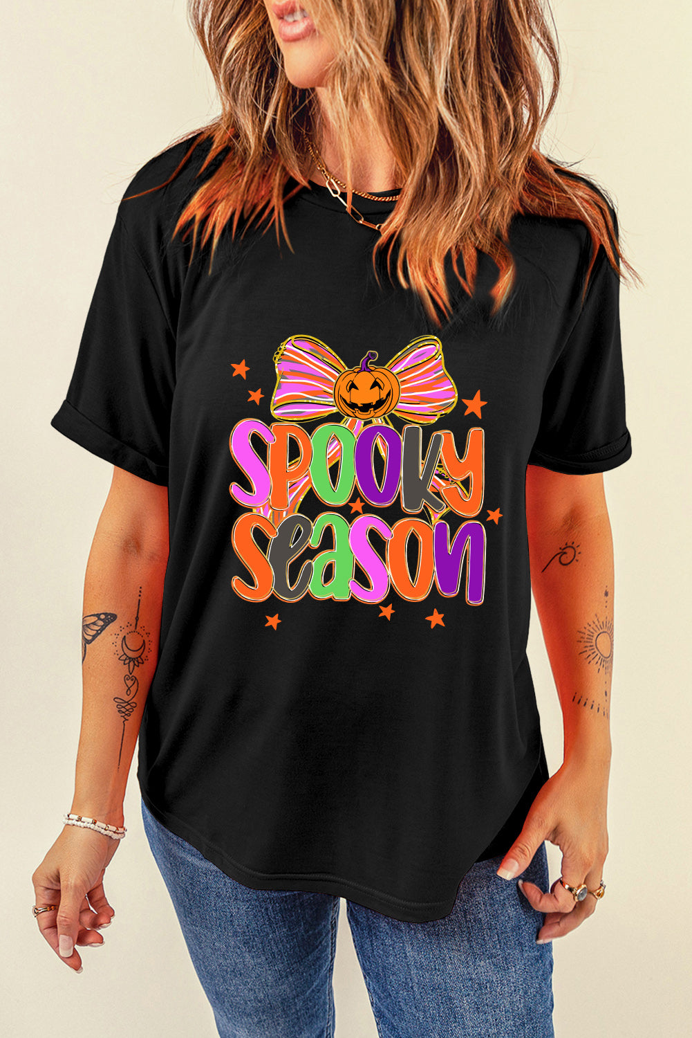 Black SPOOKY SEASON Halloween Pumpkin Bow Heat Transfer Printing T Shirt Graphic Tees 90c5ad9432953884