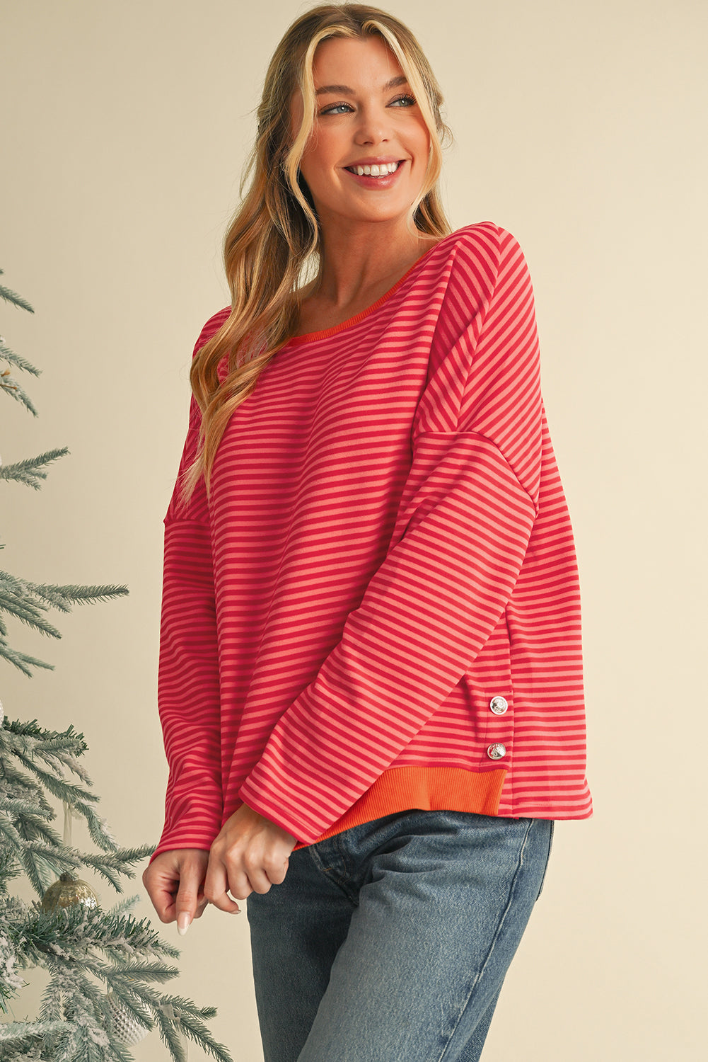 Tomato Red Two Tone Striped Side Buttons Drop Shoulder Top Long Sleeve Tops 90ecc6151c0fdb20