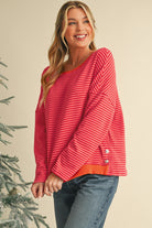 Tomato Red Two Tone Striped Side Buttons Drop Shoulder Top Long Sleeve Tops 90ecc6151c0fdb20