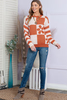 Brown 60s Floral Checkered and Striped Knitted Pullover Sweater Sweaters 90f186caa5a045b6