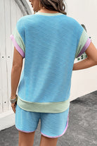 Beau Blue Colorblock Cap Sleeve Top and Shorts Set Two Piece Shorts Sets 91603fa1cbf5d2ff