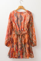 Orange Boho Paisley Print Long Sleeve Pleated Belted Mini Dress Short Dresses 917b0deff56c2538