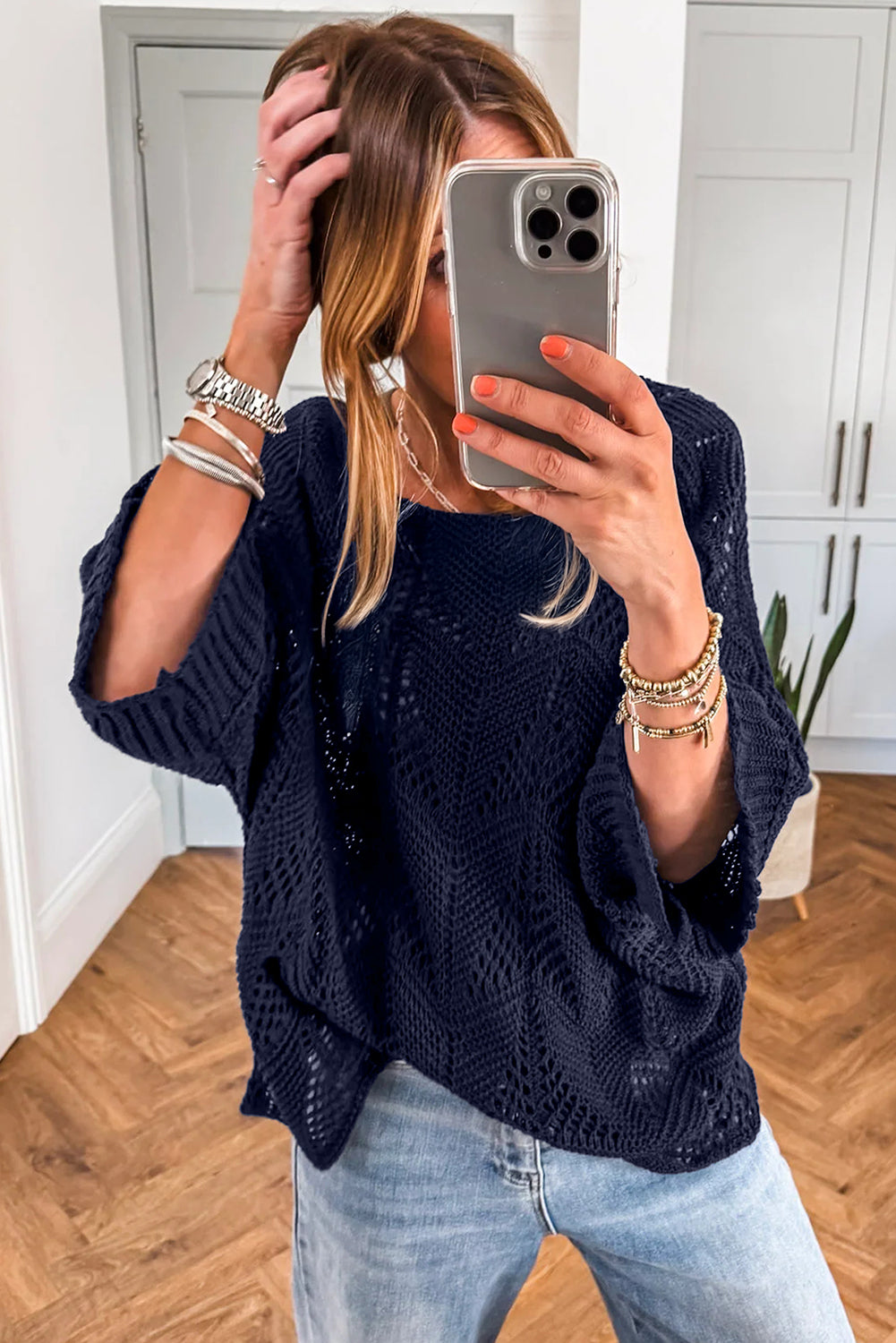 Seagrass Hollow Out Knit 3/4 Sleeve Loose Sweater Sweaters 9197668f2074fe1c