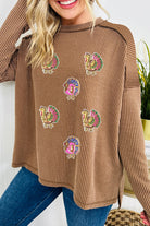 Dark Khaki Thanksgiving Twisted Ribbed Turkey Sequins Patch Exposed Seam Drop Shoulder Top Graphic Apparel 91a5487fad84894c