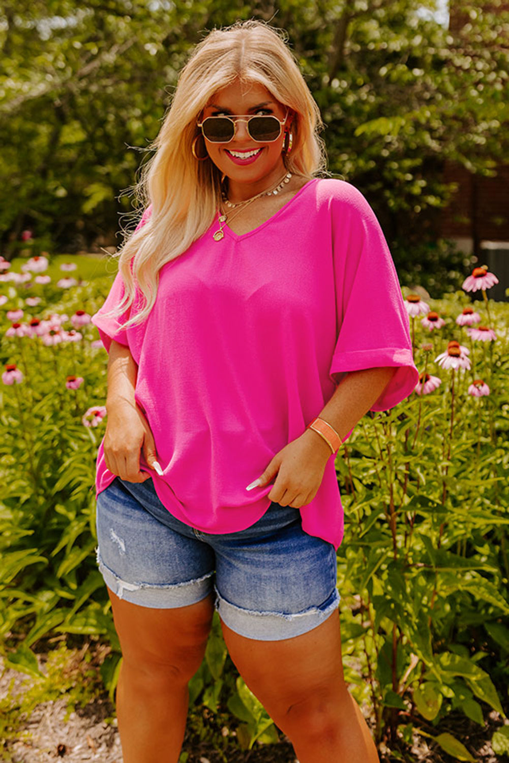 Bright Pink Seamed Back High Low Hem V Neck Plus Size Tee Plus Size Tops 91d91f6c5d7493f6