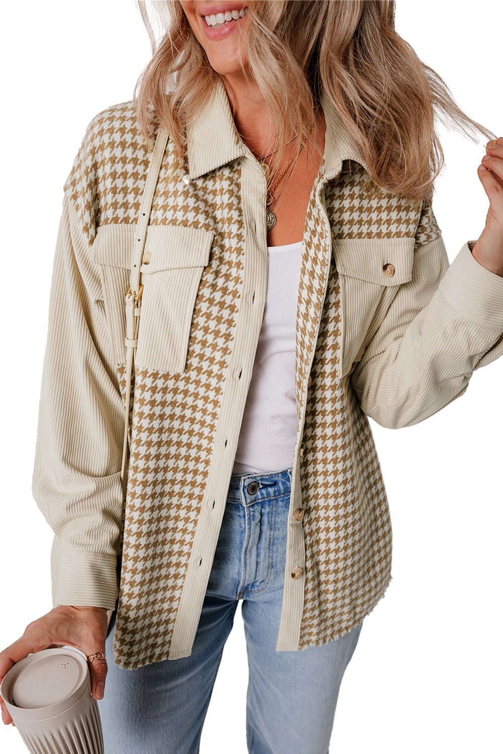 Parchment Houndstooth Corduroy Patchwork Flap Pocket Shacket Jackets 91ee11c6e338b759