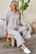 Light Grey Solid Textured Collared V Neck Top and Wide Leg Pants Set Two Piece Pants Sets 9200ff17448e654a